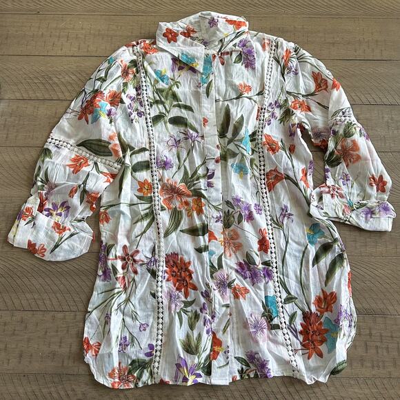 Colorful Floral Linen Blouse Size Medium Magazine - Picture 1 of 3